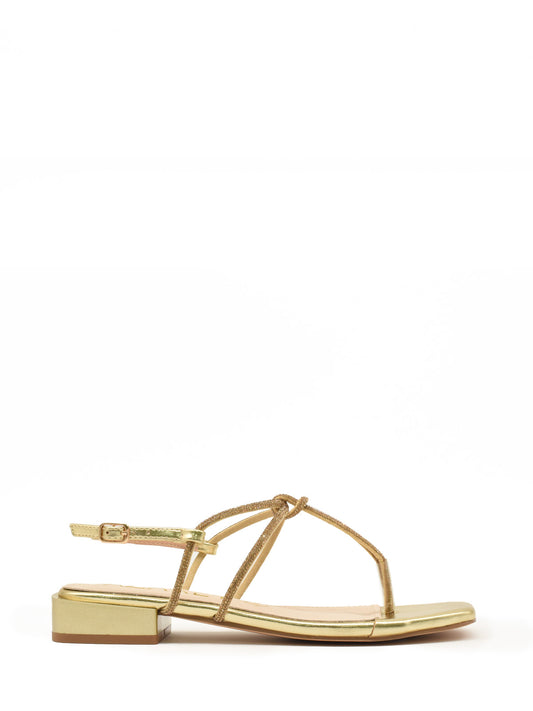 Gold flat sandal with rhinestone straps