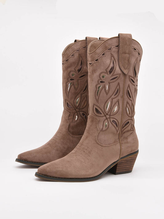 Taupe cowboy boots with decorated shaft