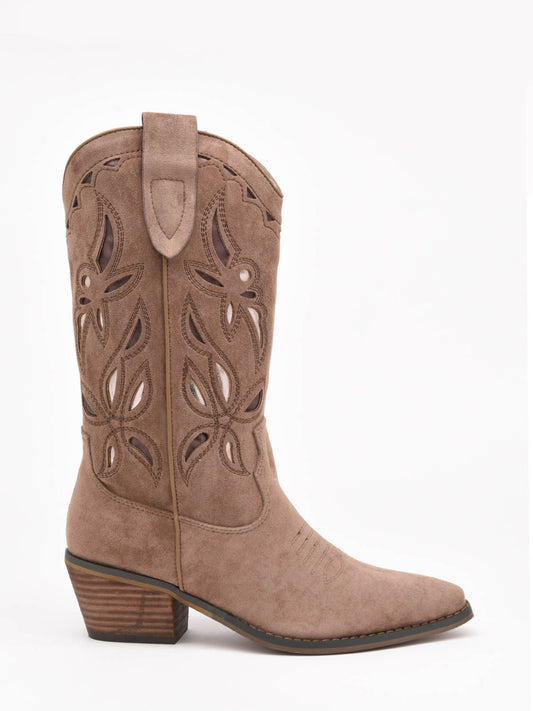 Taupe cowboy boots with decorated shaft