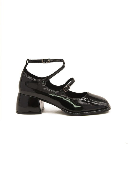 Scarpe Mary Jane in pelle verniciata nera con tacco largo