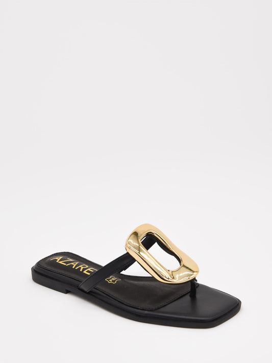 Sandalias planas negras con detalle dorado