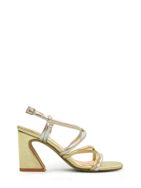 Silver gold sandal with straps and square heel