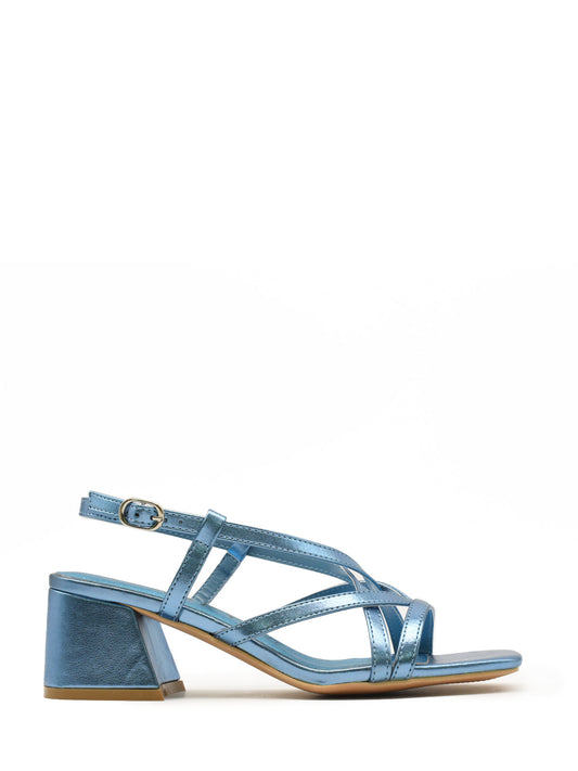 Metallic blue strappy sandal with low heel