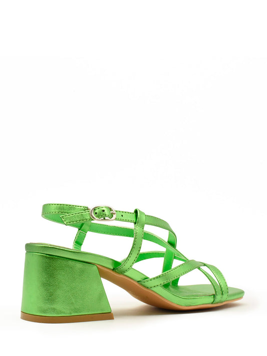 Metallic green strappy sandal with low heel