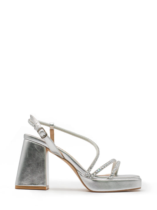 Silver platform sandal with rhinestone straps