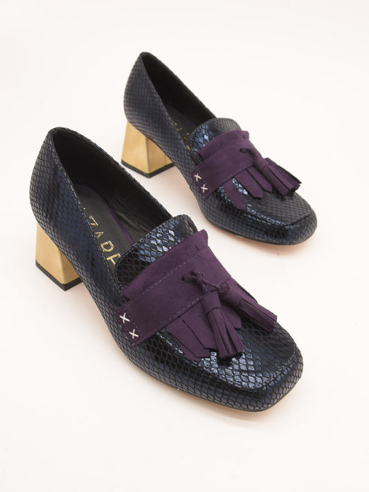 Blue snake moccasin shoes with tassels