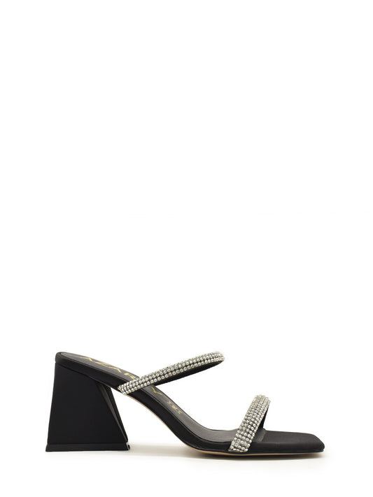 Black slingback sandal with straps and rhinestone heel