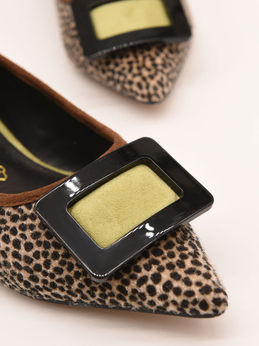 Animal Print Ballerinas with Green Detail on the Buckle