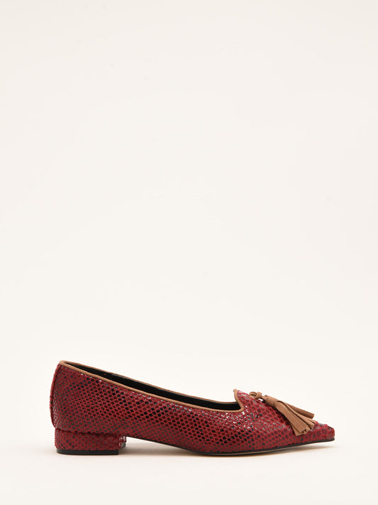 Burgundy Snake Effect Ballerinas with Taupe Tassel