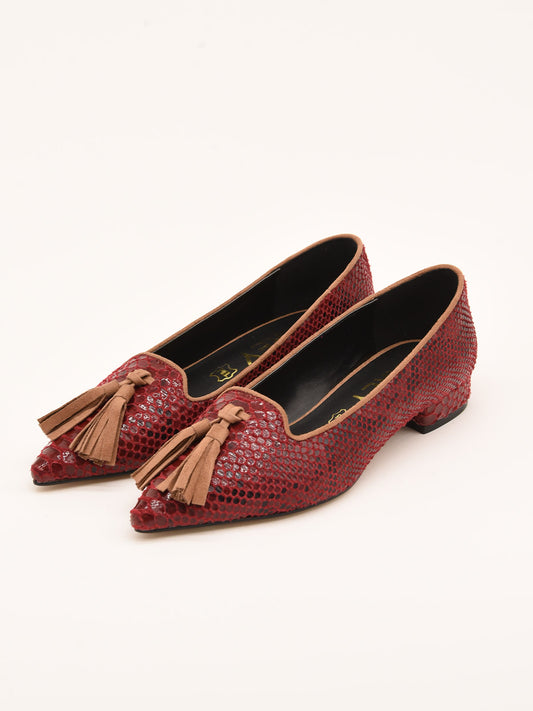 Burgundy Snake Effect Ballerinas with Taupe Tassel