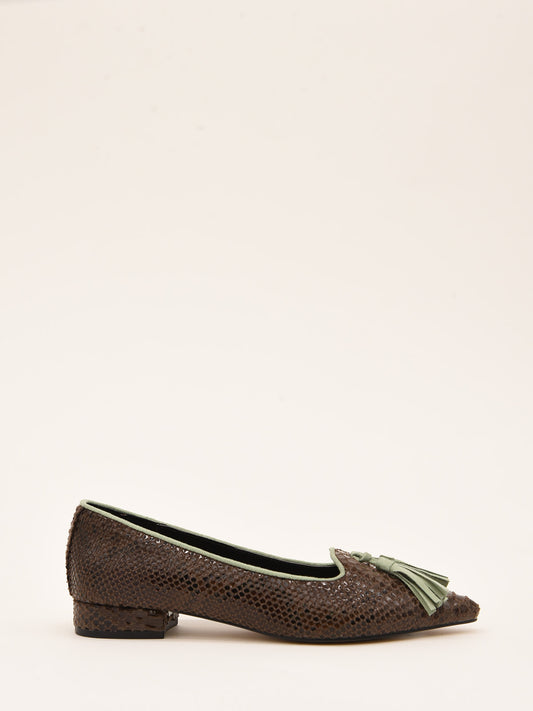 Brown Snake Effect Ballerinas with Green Tassel