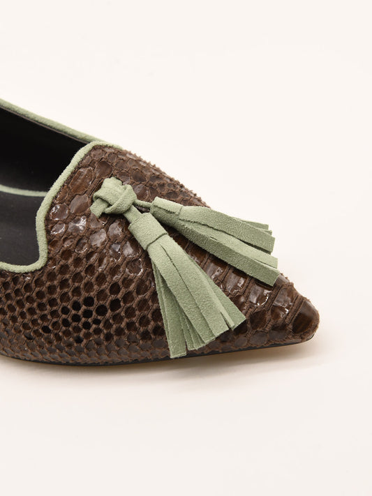 Brown Snake Effect Ballerinas with Green Tassel