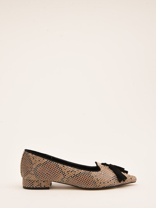 Taupe Snake Effect Ballerinas with Black Tassel