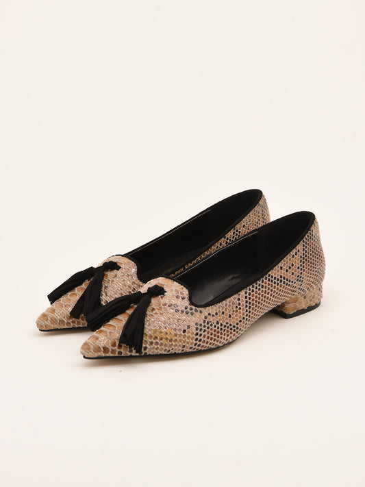 Taupe Snake Effect Ballerinas with Black Tassel