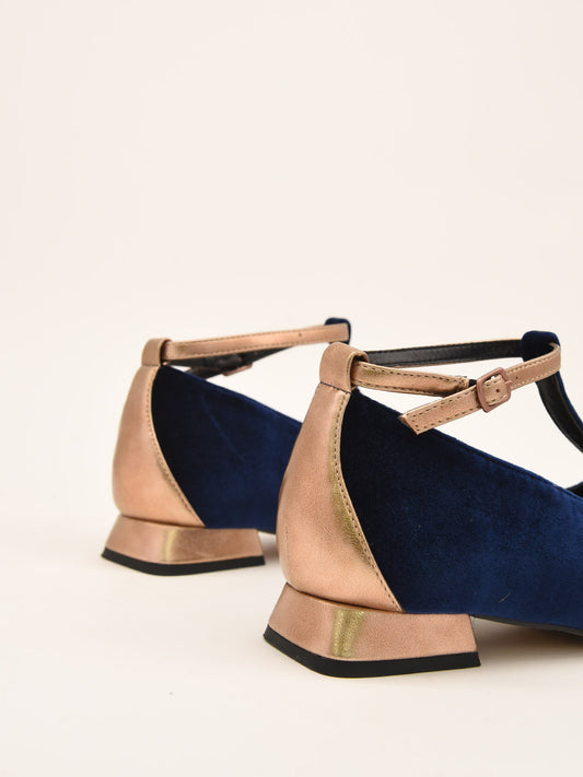 Navy Velvet Ballerinas with Metallic Strap