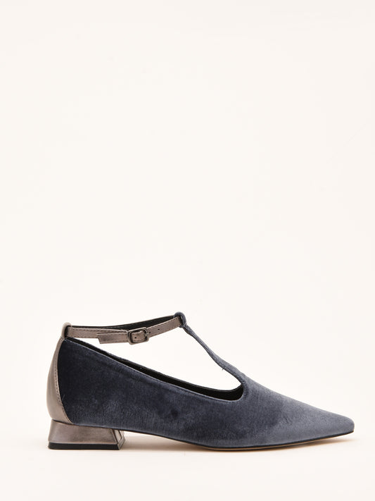 Grey Velvet Ballerinas with Metallic Strap