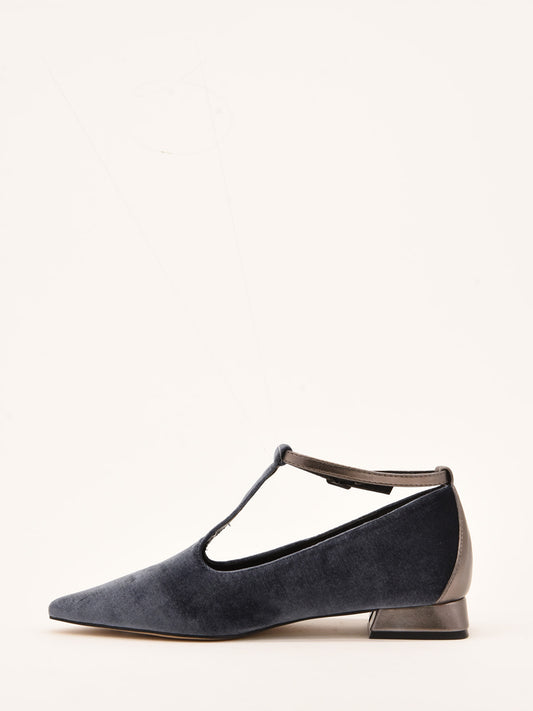 Grey Velvet Ballerinas with Metallic Strap