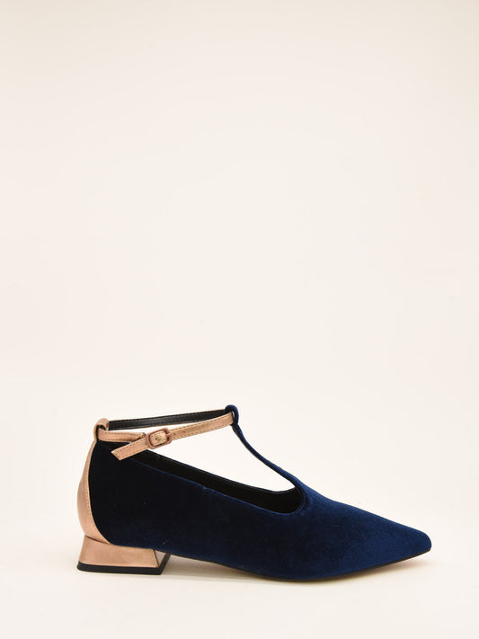 Navy Velvet Ballerinas with Metallic Strap