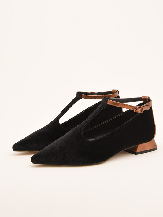 Black Velvet Ballerinas with Metallic Strap