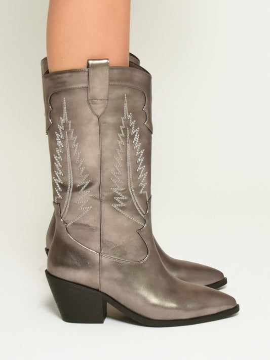 Western Style Knee High Boots in Silver Tone with Embroidery