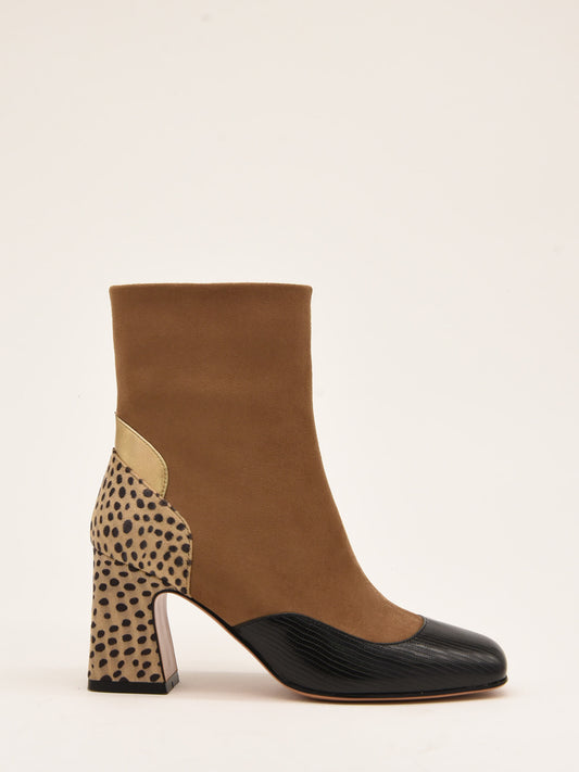 Art Deco Brown and Gold Ankle Boots with Leopard Detailing