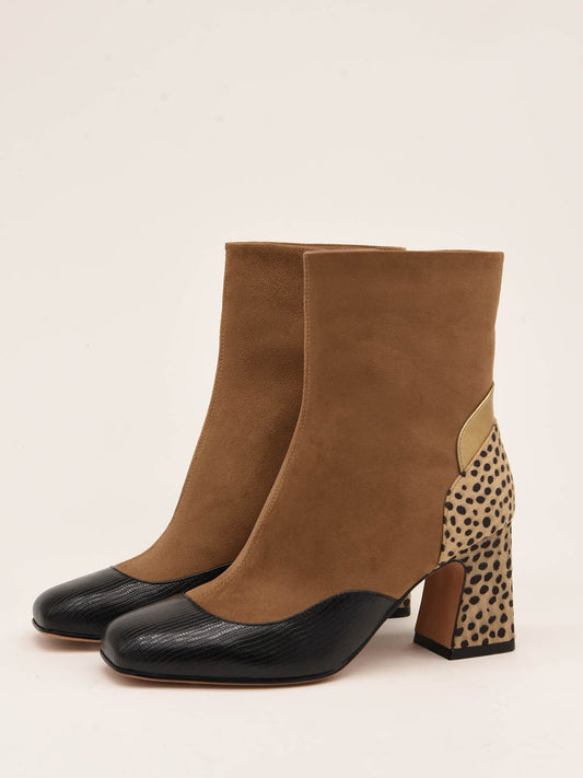 Art Deco Brown and Gold Ankle Boots with Leopard Detailing