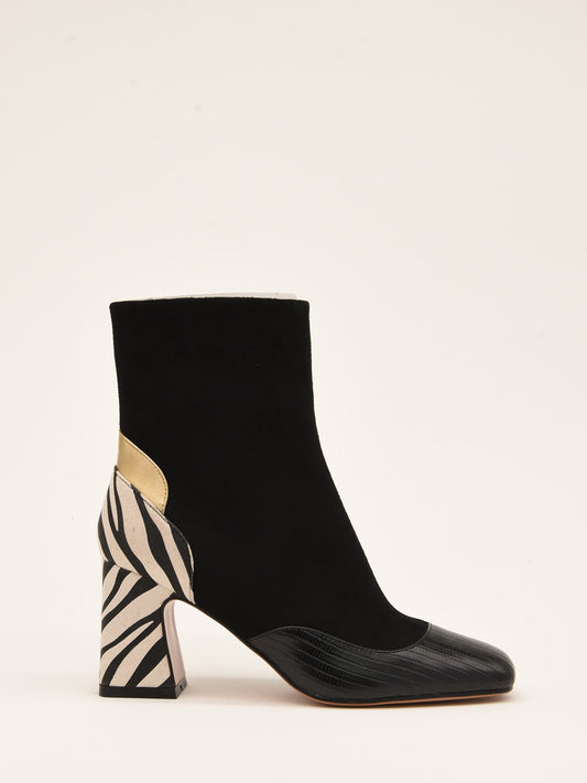 Art Deco Black and Gold Ankle Boots with Zebra Detailing