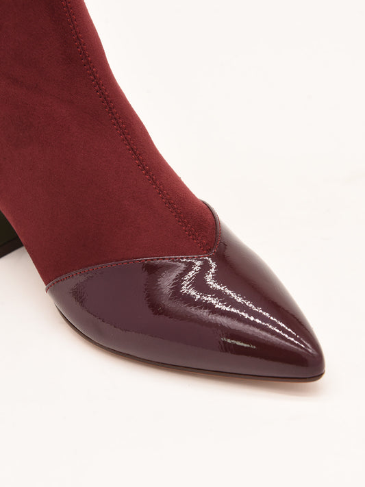 Burgundy suede effect ankle boots with patent leather details