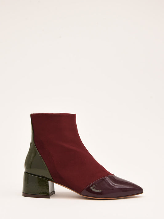 Burgundy suede effect ankle boots with patent leather details