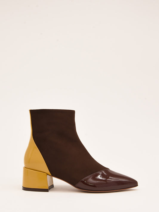 Brown Velvet Ankle Boots with Patent Leather Details