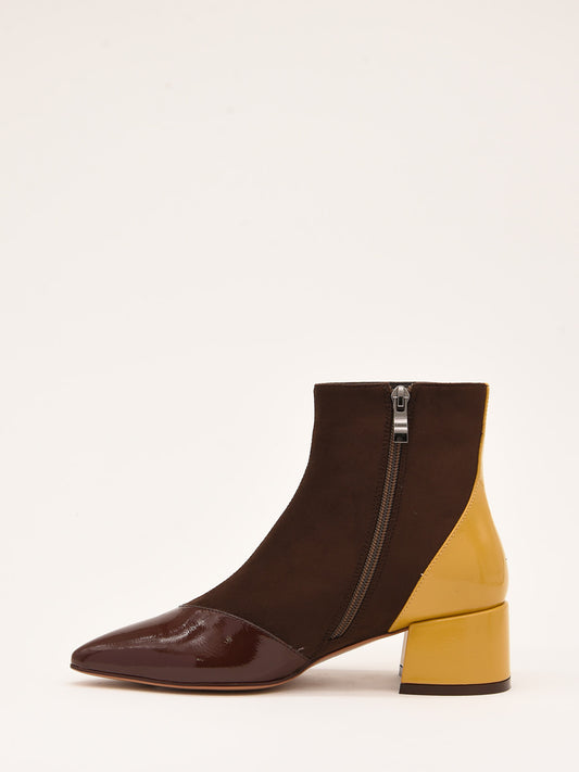 Brown Velvet Ankle Boots with Patent Leather Details