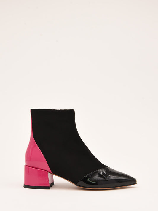 Black Velvet Ankle Boots with Fuchsia Patent Leather Details