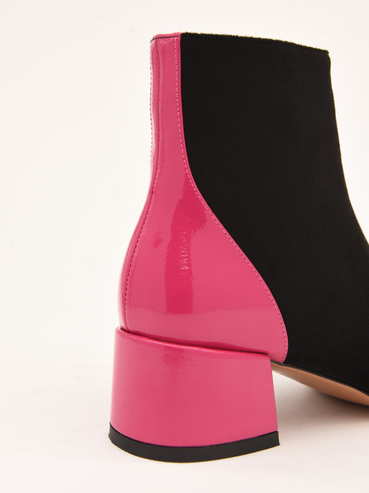 Black Velvet Ankle Boots with Fuchsia Patent Leather Details