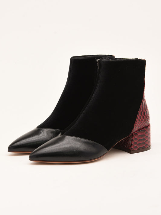 Black Ankle Boots with Snake Skin Detail on the Heel