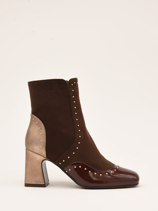 Brown ankle boots with gold heel