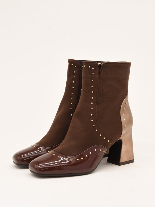 Brown ankle boots with gold heel