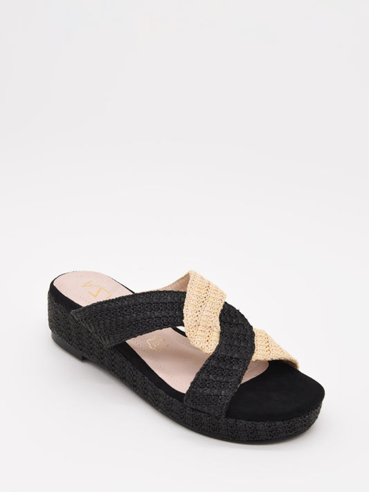 Sandalias planas de rafia en negro y beige con plataforma