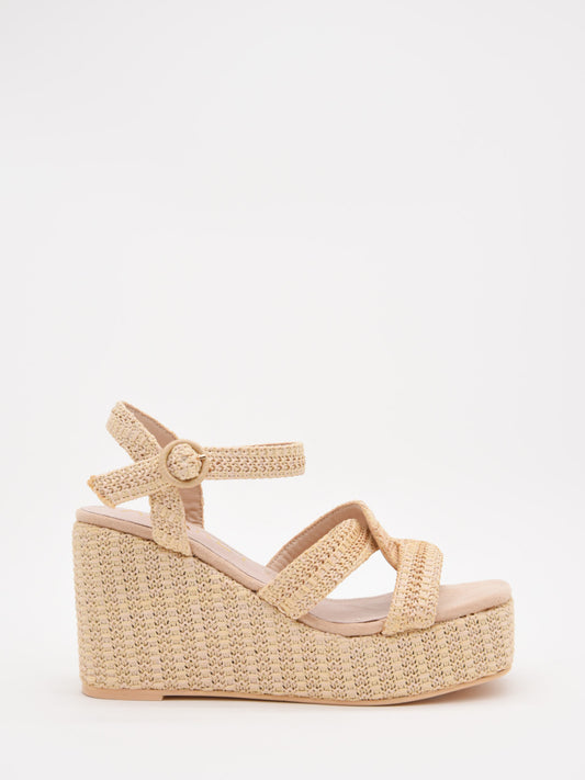 Sandalias de cuña en rafia beige con plataforma