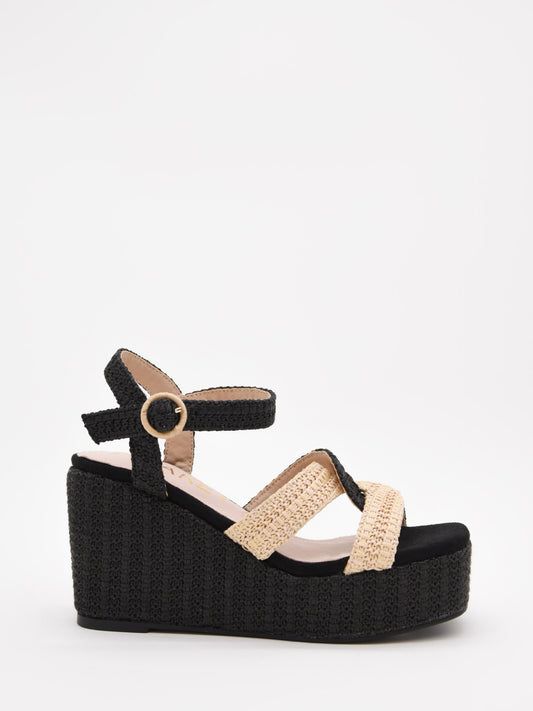 Sandalias de cuña en rafia negra y beige con plataforma