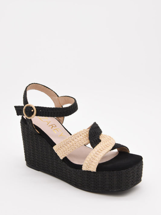 Sandalias de cuña en rafia negra y beige con plataforma