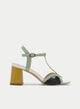 SANDALIA VERDE MULTICOLOR DE TACÓN CUADRADO CON TIRA T