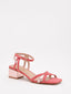 Square-heeled sandals in coral and metallic pink