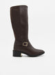 Brown high boot with side buckle and wide heel