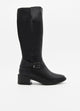 Black high boot with side buckle and low heel