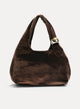 Borsa da sera taupe in velluto con manico rigido a catena.