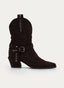 Brown cowboy-style boot with buckle.