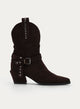 Brown cowboy-style boot with buckle.