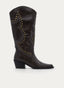 Brown high boot with studs and medium heel.