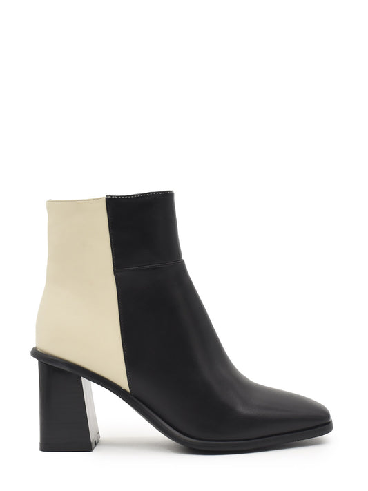 Black and beige combined square heel ankle boots