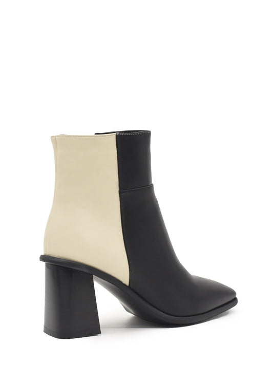 Black and beige combined square heel ankle boots